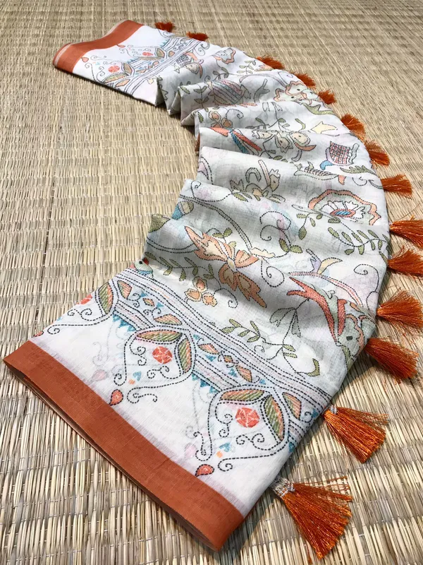 white_&_Orange_Pure_Malai_Cotton_Sarees_With_Katha_Print_Work_With_Blouse_Piece_Attached